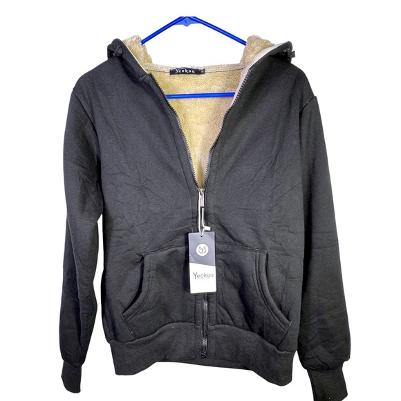 NWT Yeokou Black Sherpa Lined Full Zip Hoodie Jacket Cozy Winter Small - Picture 6 of 8